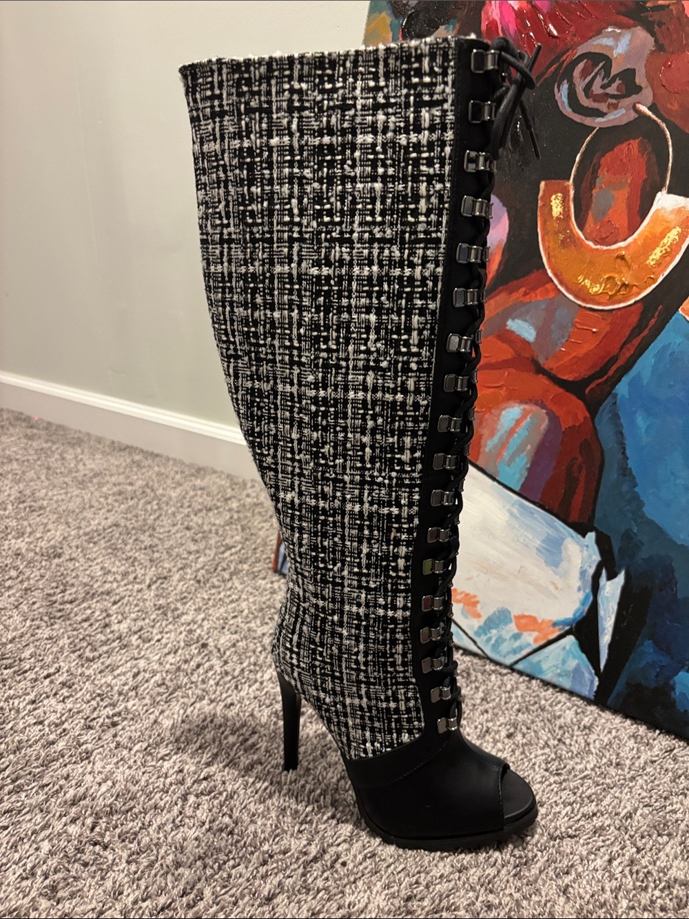 Peep-Toe Lace-Up Tweed Knee Boot - Black/White
